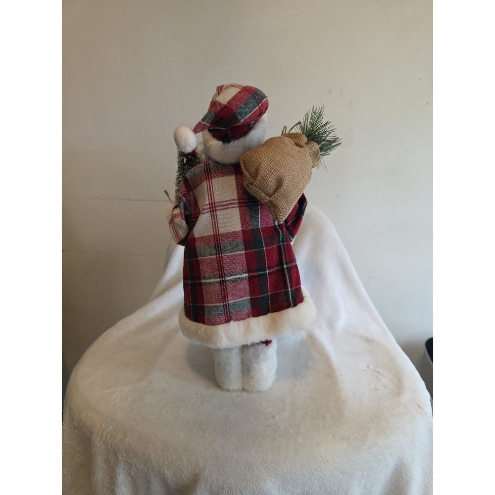 Vintage Santa Claus Figurine w/ Plaid Coat & Tree–Christmas Holiday Decor-17 in - Picture 7 of 11